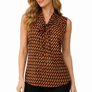 Vtg JM STUDIO Satin Geometric Basketweave Tie Neck Sleeveless Shell Top